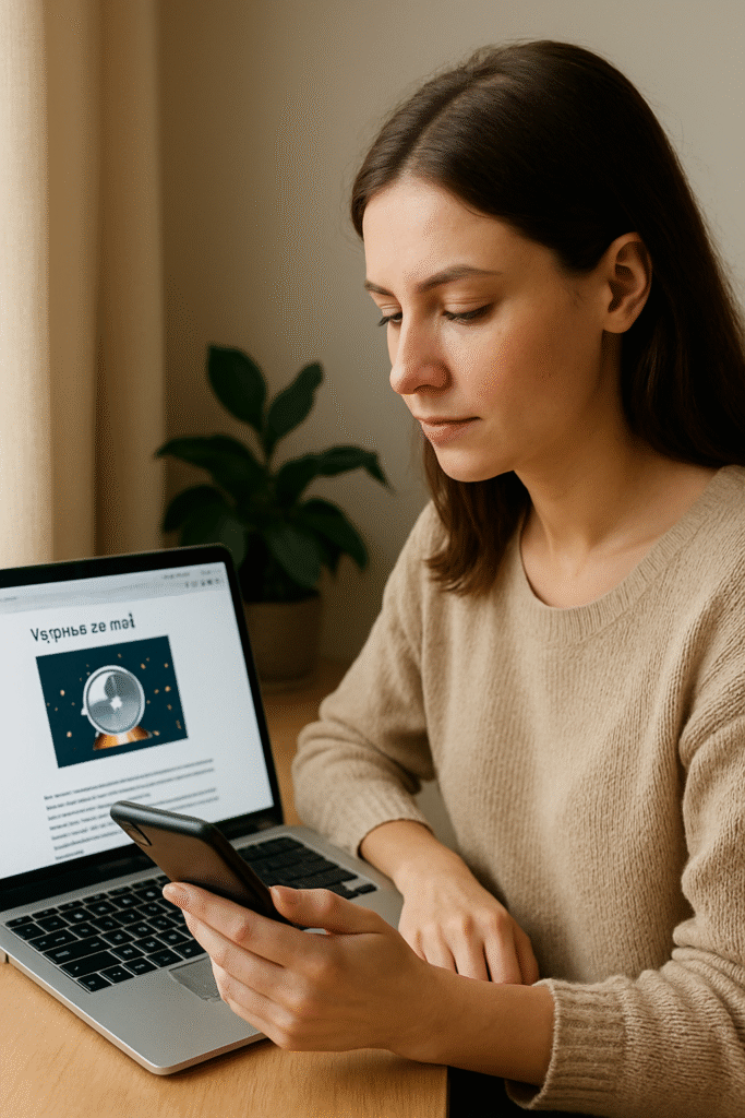 Femme relisant une consultation de voyance par mail sur son téléphone, avec son ordinateur ouvert devant elle