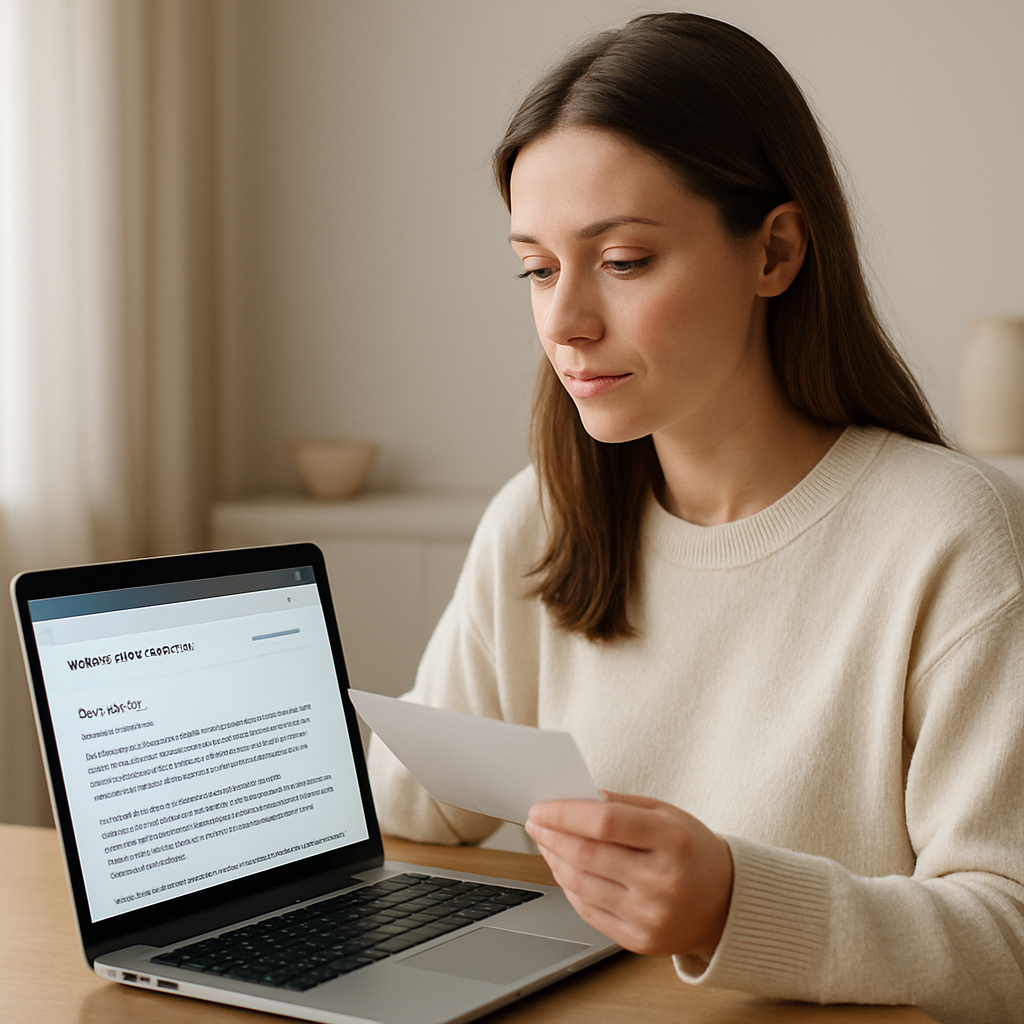 Femme relisant une consultation de voyance par mail sur son ordinateur portable, dans un environnement lumineux et apaisé